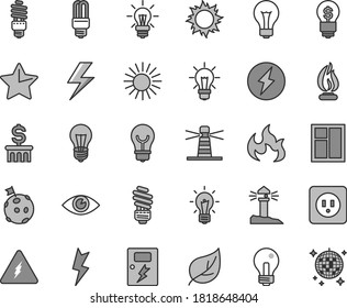 Thin Line Gray Tint Vector Icon Set - Lightning Vector, Matte Light Bulb, Incandescent Lamp, Window, Saving, Power Socket Type B, Dangers, Star, Eye, Leaf, Energy, Mercury, Lighthouse, Coastal, Idea