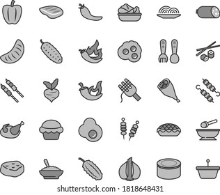 Thin line gray tint vector icon set - deep plate with a spoon vector, plastic fork spoons, sausage, canned goods, fried vegetables on sticks, onion, spaghetti, cake, apple pie, lettuce in, chicken