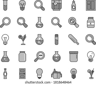 Thin line gray tint vector icon set - matte light bulb vector, incandescent lamp, magnifier, zoom out, measuring cup for feeding, mercury thermometer, window, interroom door, a glass of tea, jam