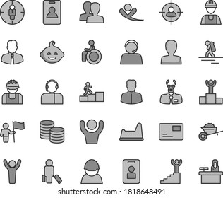 Thin line gray tint vector icon set - woman vector, women, potty chair, funny hairdo, builder, garden trolley, employee, pass card, operator, coins, racer, man in sight, goal, scientist, hands up