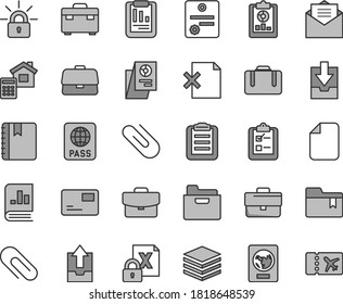 Thin line gray tint vector icon set - clip vector, briefcase, upload archive data, download, folder bookmark, suitcase, estimate, received letter, notebook, passport, pile, pass card, delete page