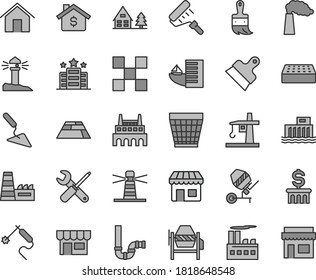 Thin line gray tint vector icon set - wicker pot vector, building trowel, concrete mixer, small tools, paint roller, wooden brush, siphon, tile, brick, putty knife, paving slab, home, kiosk, factory