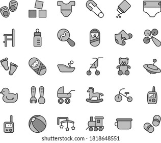 Thin line gray tint vector icon set - toys over the cot vector, feeding bottle, diaper, baby powder, Child T shirt, beanbag, rattle, carriage, sitting stroller, safety pin, duckling, bath ball, yule