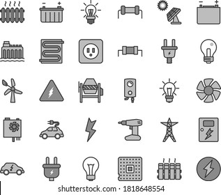 Thin line gray tint vector icon set - matte light bulb vector, incandescent lamp, concrete mixer, drill, power socket type b, lightning, dangers, heating coil, radiator, boiler, big solar panel, car
