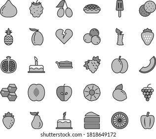 Thin line gray tint vector icon set - cake vector, broken heart, piece of, slice, apple pie, popsicle, strawberry, a pineapple, biscuit, honeycombs, half pomegranate, branch grape, large, tasty, fig