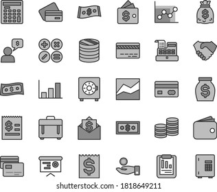 Thin line gray tint vector icon set - bank card vector, line chart, graph, case, strongbox, cards, math actions, reverse side of a, coins, column, statistical report, article on the dollar, wallet