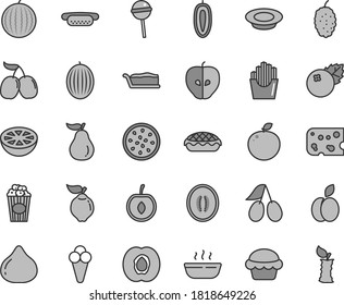 Thin line gray tint vector icon set - piece of cheese vector, mini hot dog, cake, slice, apple pie, porridge, a plate milk, Chupa Chups, fried potato slices, cup popcorn, cone, blueberries, quince