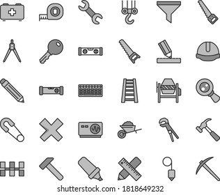 Thin line gray tint vector icon set - graphite pencil vector, cross, safety pin, bag of a paramedic, winch hook, garden trolley, concrete mixer, adjustable wrench, hand saw, arm, measuring tape, key