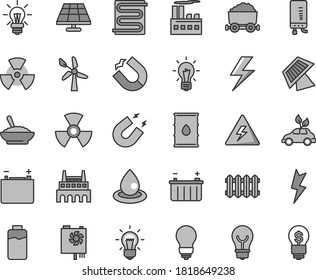 Thin line gray tint vector icon set - lightning vector, danger of electricity, bulb, heating coil, new radiator, electronic boiler, a bowl buckwheat porridge, charge level, solar panel, wind energy