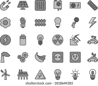 Thin line gray tint vector icon set - lightning vector, danger of electricity, saving light bulb, new radiator, regulator, bananas, charge level, solar panel, coal mining, wind energy, manufacture