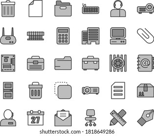 Thin line gray tint vector icon set - daily calendar vector, bin, clean sheet of paper, folder, portfolio, suitcase, interroom door, buildings, writing accessories, received letter, address book