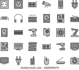 Thin line gray tint vector icon set - keyboard vector, cordless drill, power socket type f, heating coil, headphones, screen, plug, electric, assembly robot, cast iron radiator, mobile phone, fan