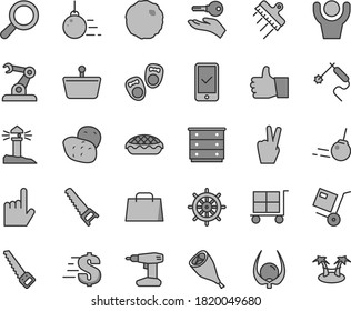 Thin line gray tint vector icon set - cargo trolley vector, magnifier, dollar, chest of drawers, shoes for little children, big core, drill, hand saw, arm, spatula, index finger, thumb up, shipment