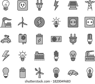 Thin line gray tint vector icon set - lightning vector, incandescent lamp, bulb, power socket type b, f, charge level, charging battery, windmill, wind energy, factory, hydroelectricity, pole, plug