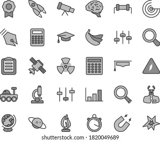Thin line gray tint vector icon set - bananas vector, microscope, telescope, electricity, nuclear, zoom, brain, settings, satellite, globe, magnet, flame, scientist, graduate hat, clipboard, radar