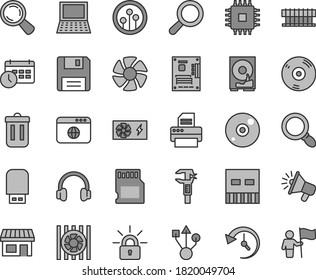 Thin line gray tint vector icon set - magnifier vector, caliper, stall, loudspeaker, notebook pc, fan, radiator, power supply, motherboard, cpu, hdd, usb, cd, printer, flash, headphones, network