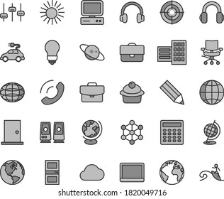 Thin line gray tint vector icon set - sign of the planet vector, bulb, ntrance door, interroom, city block, earth, suitcase, phone call, muffin, electric car, portfolio, globe, pencil, computer, aim