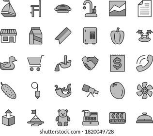Thin line gray tint vector icon set - bookmark vector, scribbled paper, line chart, rubber duck, a chair for feeding, small teddy bear, plummet, kitchen faucet, cart, package, unpacking, pie, chili