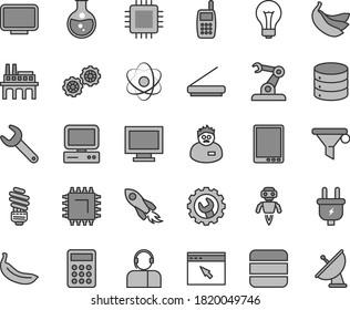 Thin line gray tint vector icon set - matte light bulb vector, monitor window, gears, saving, gear, big data, operator, banana, bananas, round flask, plug, industrial enterprise, smd, assembly robot