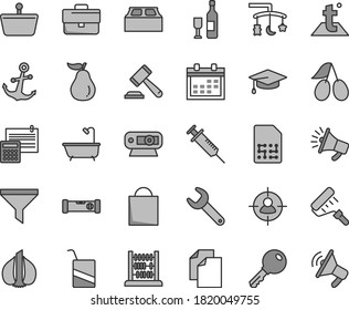 Thin line gray tint vector icon set - calendar vector, briefcase, paper bag, hammer of a judge, clean, toys over the cradle, e, abacus, paint roller, bath, construction level, calculation, key, SIM