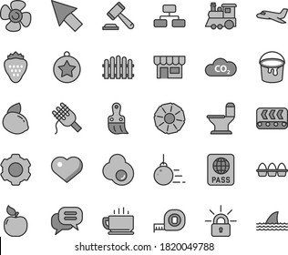Thin line gray tint vector icon set - heart symbol vector, hammer of a judge, children's train, big core, measuring tape, paint bucket, plastic brush, comfortable toilet, hedge, passport, flowchart