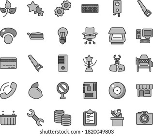 Thin line gray tint vector icon set - camera vector, prohibition, bank card, concrete mixer, hand saw, arm, boiler, survey, kiosk, coins, cake slice, yellow lemon, mashroom, leaves, battery, bulb