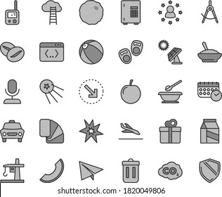 Thin line gray tint vector icon set - paper airplane vector, baby bath ball, toy phone, plates and spoons, shoes for little children, sample of colour, car, gift, package, right bottom arrow, coding