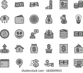 Thin line gray tint vector icon set - purse vector, dollar, coins, column of, denomination the, article on, financial item, catch a coin, wallet, money, dollars, cash, bag hand, rain, mortgage, idea