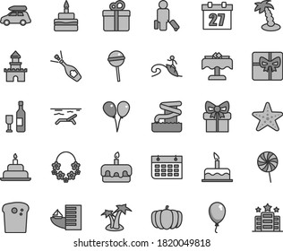 Thin line gray tint vector icon set - daily calendar vector, colored air balloons, balloon, cake, birthday, gift, Easter, torte, Chupa Chups, lollipop, pumpkin, wall, giftbox, sand castle, wine