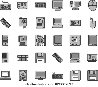 Thin line gray tint vector icon set - floppy disk vector, laptop, monitor, keyboard, screen, processor, computer, tablet pc, notebook, radiator fan, mouse, power supply, tower, motherboard, memory