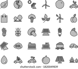 Thin line gray tint vector icon set - saving light bulb vector, drop, porcini, cabbage, apple, mint, tangerine, yellow lemon, broccoli, solar panel, big, leaves, leaf, windmill, wind energy, trees