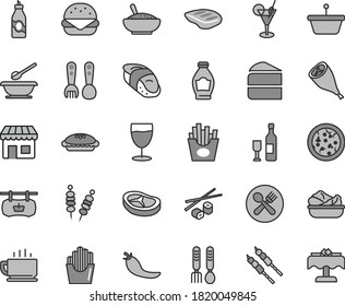 Thin line gray tint vector icon set - plates and spoons vector, plastic fork, iron, coffee, fried vegetables on sticks, pizza, big burger, piece of cake, pie, a bowl rice porridge, lettuce in plate