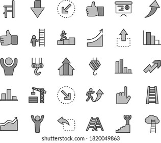 Thin line gray tint vector icon set - downward direction vector, growth up, positive histogram, a chair for feeding, tower crane, hook, winch, stepladder, ladder, left bottom arrow, index finger