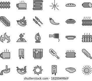 Thin line gray tint vector icon set - electronic thermometer vector e, mercury, heating coil, temperature, radiator, new, boiler, coffee, sausage, loaf, Hot Dog, mini, noodles, pie, chop, barbecue
