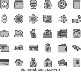 Thin line gray tint vector icon set - bank card vector, purse, dollar, buildings, big data server, strongbox, cards, jam, reverse side of a, column coins, denomination the, get wage, wallet, money