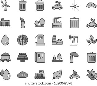 Thin line gray tint vector icon set - bin vector, dust, drop, bag with handles, apple stub, solar panel, working oil derrick, leaves, leaf, gas station, wind energy, manufacture, hydroelectric, CO2