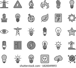 Thin Line Gray Tint Vector Icon Set - Matte Light Bulb Vector, Window, Saving, Power Socket Type B, Dangers, Star, Eye, Storm Cloud, Leaf, Pole, Energy, Mercury, Lighthouse, Coastal, Electricity