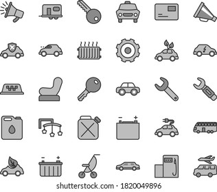 Thin line gray tint vector icon set - truck lorry vector, horn, toys over the cot, Baby chair, summer stroller, motor vehicle, key, car, pass card, modern gas station, accumulator, battery, canister