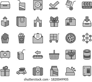 Thin line gray tint vector icon set - cargo trolley vector, grocery basket, bag of a paramedic, medical, e, packing juice with straw, box bricks, received letter, put in, drawer, strongbox, handles