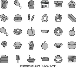 Thin line gray tint vector icon set - kiosk vector, stick of sausage, canned goods, fried vegetables on sticks, Hot Dog, mini, big burger, cake, muffin, piece, slice, with a hole, glazed, plate milk