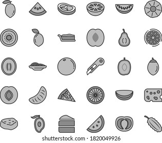 Thin line gray tint vector icon set - stationery knife vector, piece of cheese, pizza, slices onion, cake, slice, bacon, meat, orange, plum, half mango, delicious, peach, melon, water, tangerine