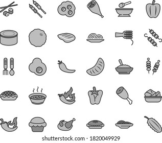 Thin line gray tint vector icon set - deep plate with a spoon vector, iron fork spoons, canned goods, fried vegetables on sticks, onion, slices of, noodles, cake, pie, apple, bowl buckwheat porridge