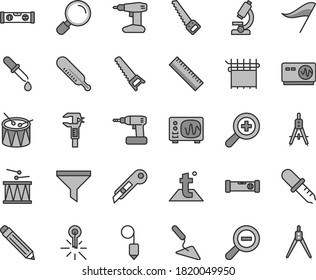 Thin line gray tint vector icon set - graphite pencil vector, yardstick, zoom, out, wind direction indicator, mercury thermometer, drumroll, drum, building trowel, cordless drill, hand saw, arm