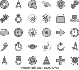 Thin line gray tint vector icon set - clock face vector, right direction, plus, minus, clockwise, stacking toy, cogwheel, gear, left bottom arrow, timer, CD, porcini, plate, accumulator, gears, atom