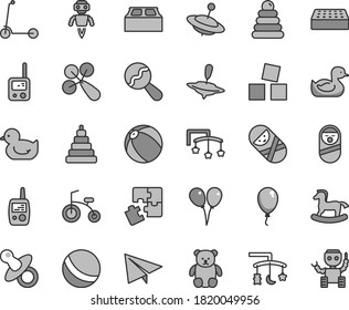 Thin line gray tint vector icon set - paper airplane vector, toys over the cradle, cot, dummy, beanbag, baby rattle, rubber duck, duckling, bath ball, stacking rings, toy, roly poly doll, tumbler