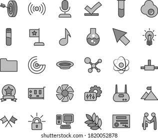 Thin line gray tint vector icon set - plate vector, fried egg, computer, fan, pc card, router, folder, connect, wireless, note, settings, cursor, encrypting, flask, test tube, molecule, atom, bulb