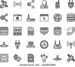Thin line gray tint vector icon set - Puzzle vector, power socket type b, big data, plug, electric, SIM card, connection, connections, scheme, dispatcher, phone call, mobile, usb, router, network