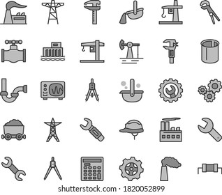 Thin line gray tint vector icon set - repair key vector, crane, adjustable wrench, sewerage, helmet, gear, working oil derrick, valve, manufacture, factory, hydroelectric station, power line, pole