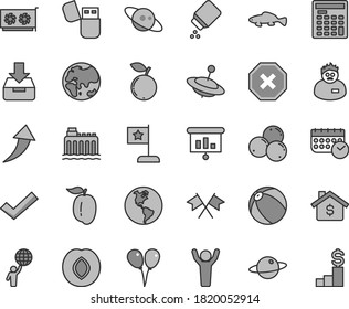 Thin line gray tint vector icon set - mark of injury vector, check, baby powder, bath ball, yule, colored air balloons, put in a box, planet, small fish, plum, blueberry, blueberries, ripe, Earth