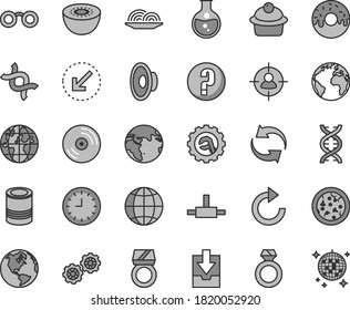 Thin line gray tint vector icon set - sign of the planet vector, renewal, clockwise, loudspeaker, download archive data, question, gears, star gear, left bottom arrow, CD, earth, tin, pizza, onion